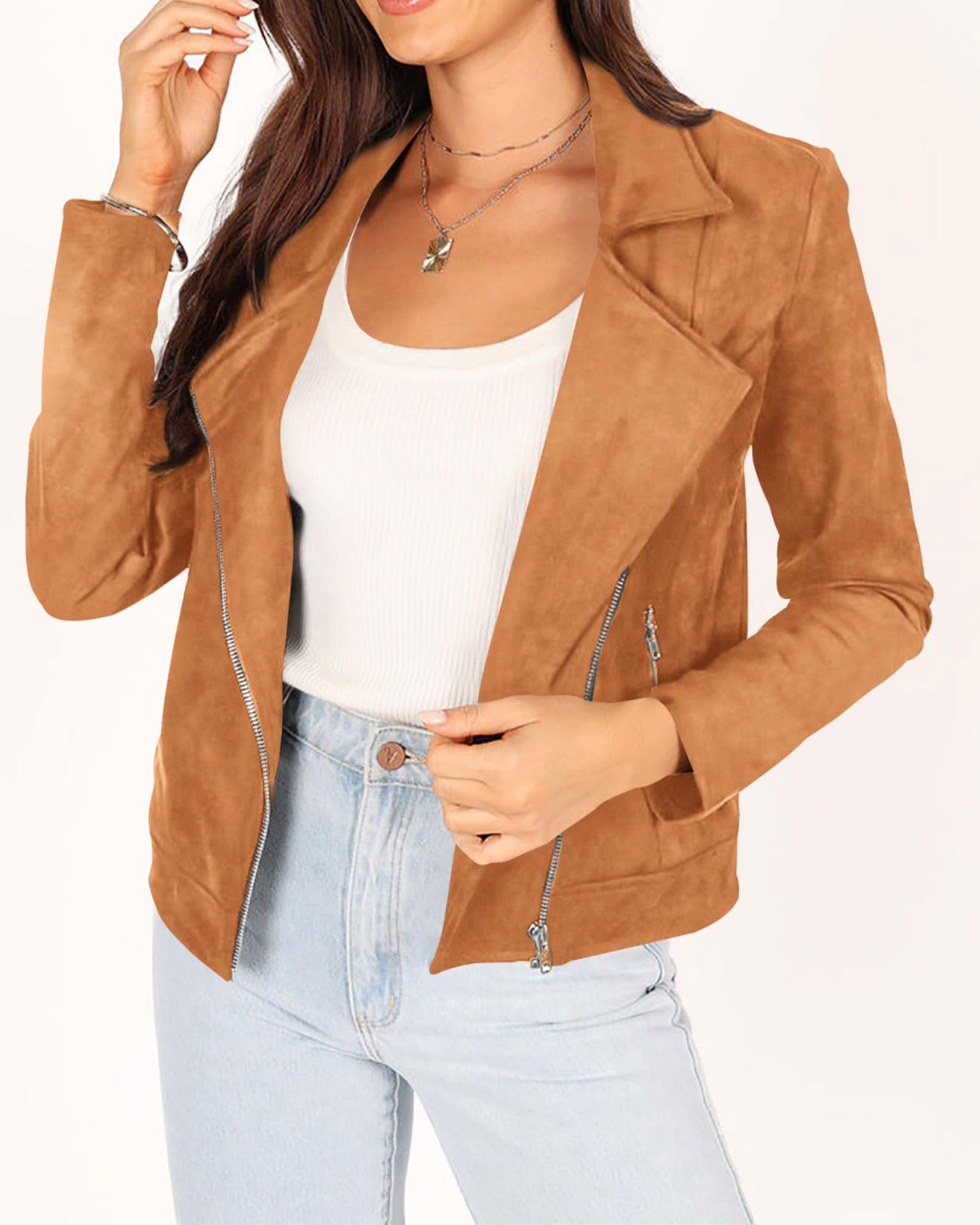 ***KIRUNDO 2024 Fall Trends Women's Casual Open Front Faux Suede Motorcycle Jackets Solid Zipped Notch Lapel Short Coats(Brown, XX-Large)