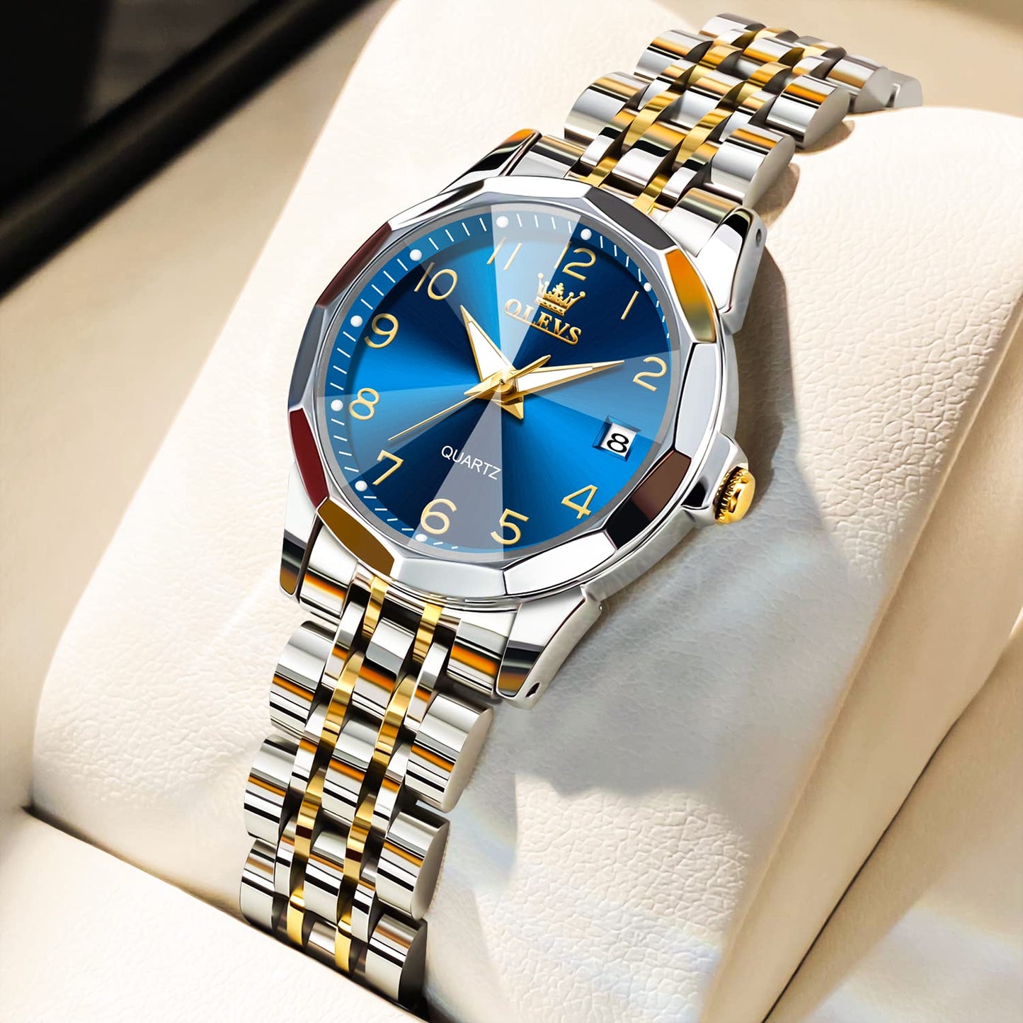 OLEVS Reloj de mujer azul de moda con diamantes para vestir, relojes para mujer, analógico, de cuarzo, plateado, de acero inoxidable, resistente al agua, luminoso, con fecha y día, reloj de pulsera de dos tonos