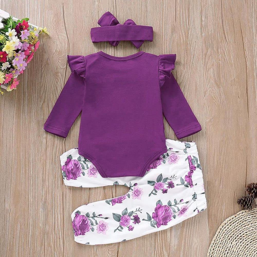 Aoswep Ropa para bebé recién nacido, conjunto de niña pequeña, mono con volantes de manga larga + pantalones florales + conjunto de diadema (6 a 9 meses, morado)