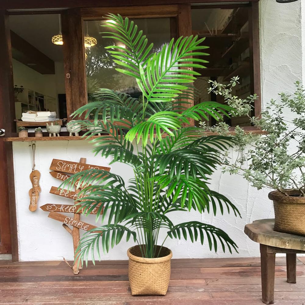 4ft 2pcs Large Artificial Plants Fake Palm Tree Tropical Palm Leaves Faux Palm Plants Tall Tree Indoor Real Touch Plastic Monstera Leaves for Home Garden Outdoor Office Decor (4ft/125cm-2pcs)