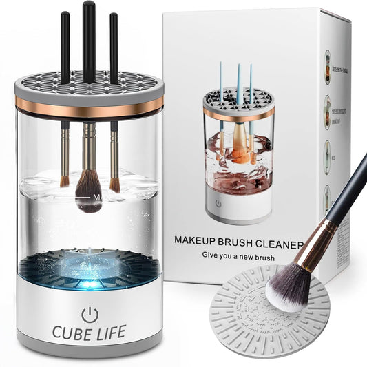 CUBE LIFE Electric Makeup Brush Cleaner, Updated Automatic Spinning Makeup Brush Cleaner, 1200mAh Cosmetic Brush Cleaner For All Type Makeup Brushes, Makeup Brush Cleaner Machine with Brush Clean Mat