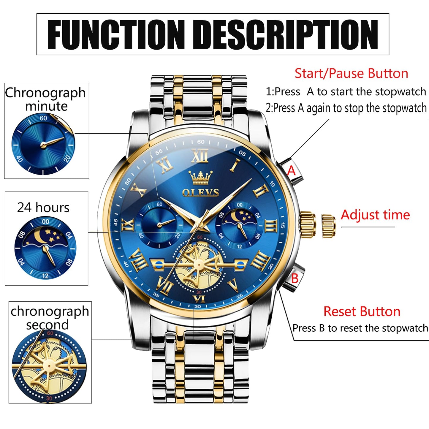 Gold and Blue Mens Watch Chronograph Two Tone Luxury Stainless Steel Multi-Function Big Face Watches for Men Tourbillon Waterproof Dress Quartz Analog Men's Wrist Watch Reloj De Hombre