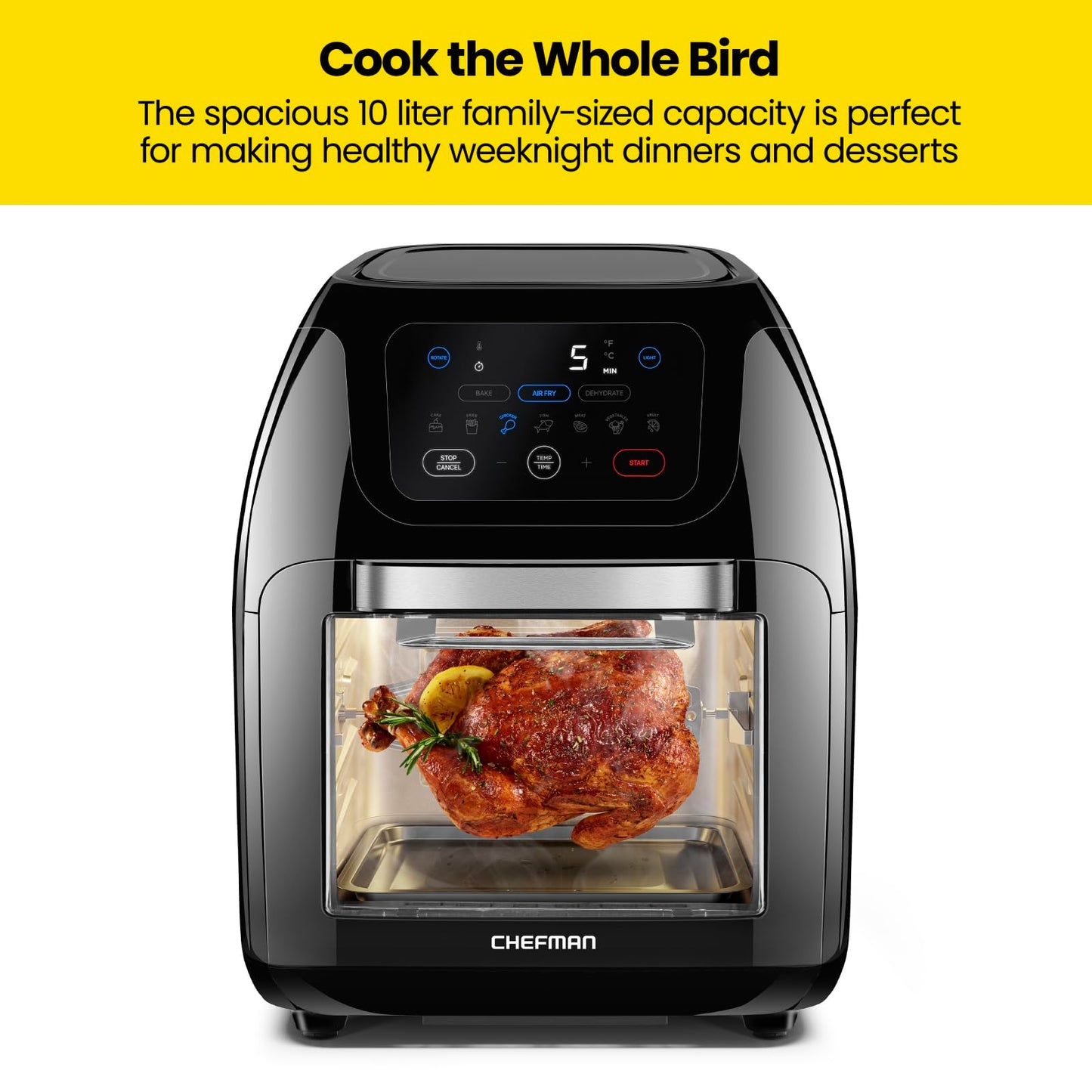 CHEFMAN Multifunctional Digital Air Fryer+ Rotisserie, Dehydrator, Convection Oven, 17 Touch Screen Presets Fry, Roast, Dehydrate, Bake, XL 10L Family Size, Auto Shutoff, Large Easy-View Window, Black