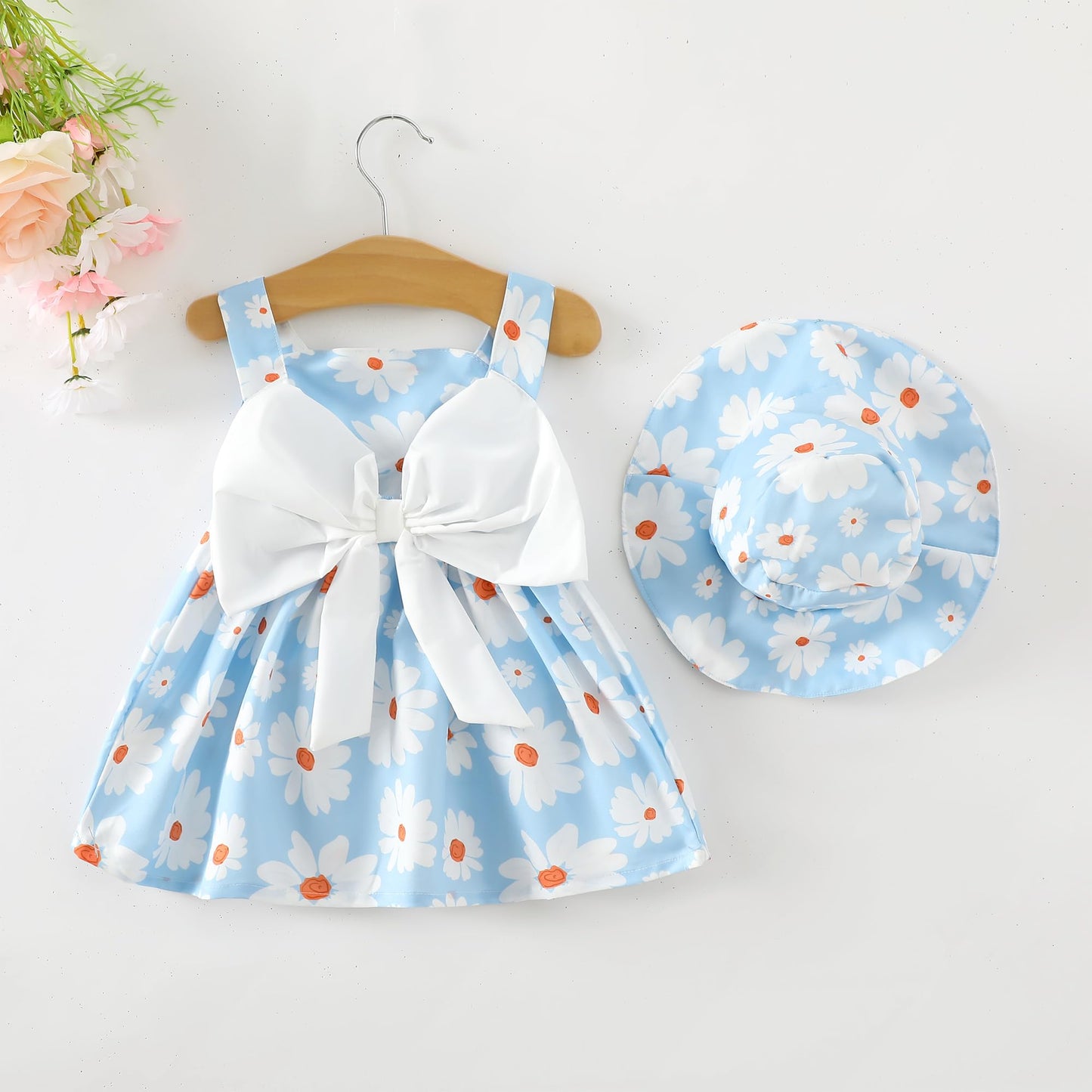 Vestido de verano para niña, ropa para bebé de 1 año, estilo bohemio, sin mangas, con cuello halter, vestido de verano con margaritas azules, ropa para niña de 12 a 18 meses