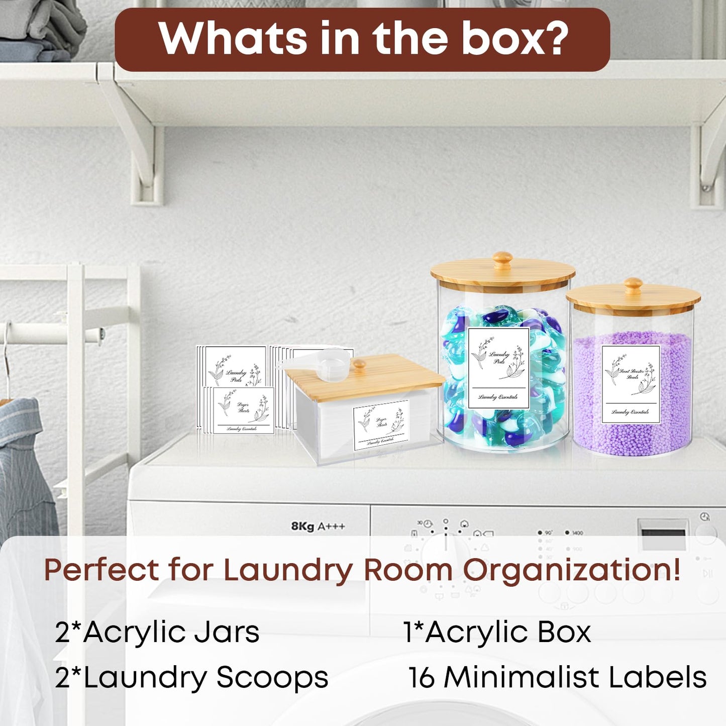 COAZEX 3 Pack Laundry Powder Container & Dryer Sheet Holder, Large Acrylic Laundry Room Organization Jars and Storage Box Dispenser