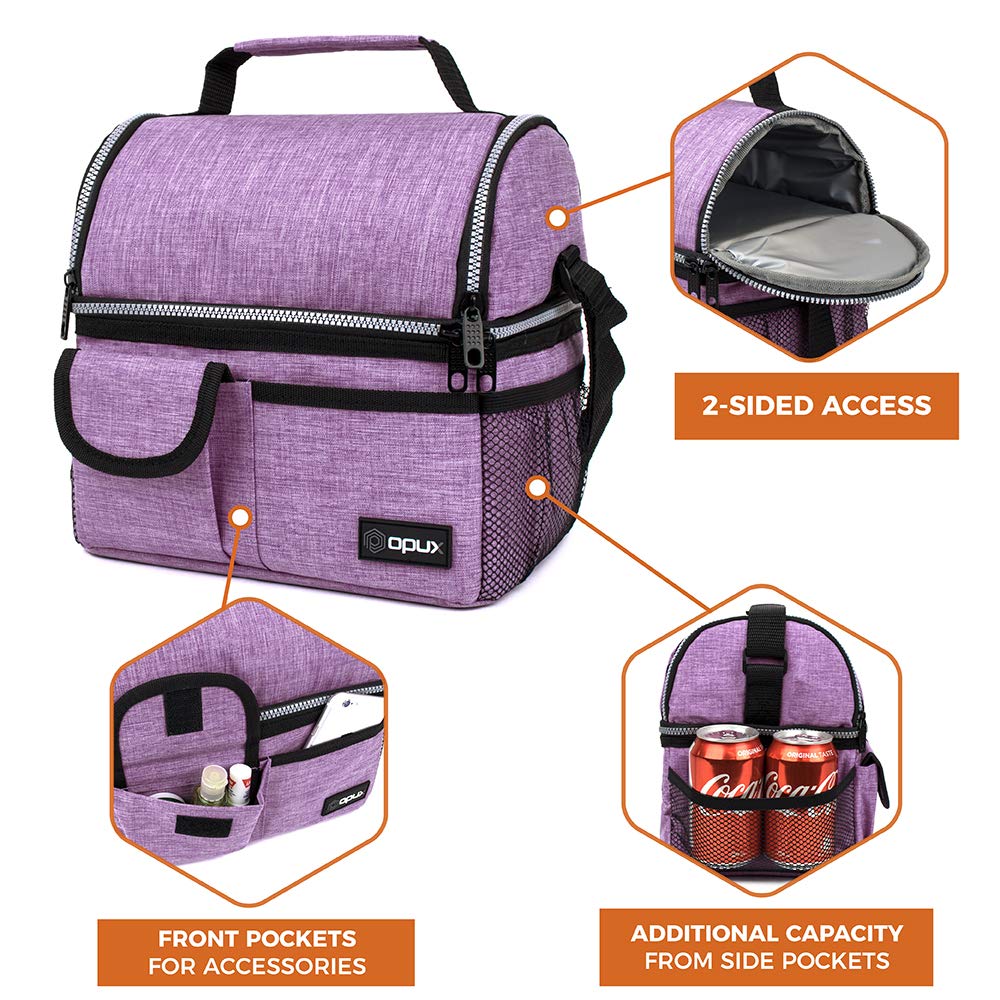 opux Lunch Bag Women Insulated, Adult Lunch Box Cooler, Lunch Box for Men, Dual Compartment Lunchbox for Work, Leakproof Double Decker Lunch Bag, Soft Lunch Pail Tote Girls Boys Kids School, Purple