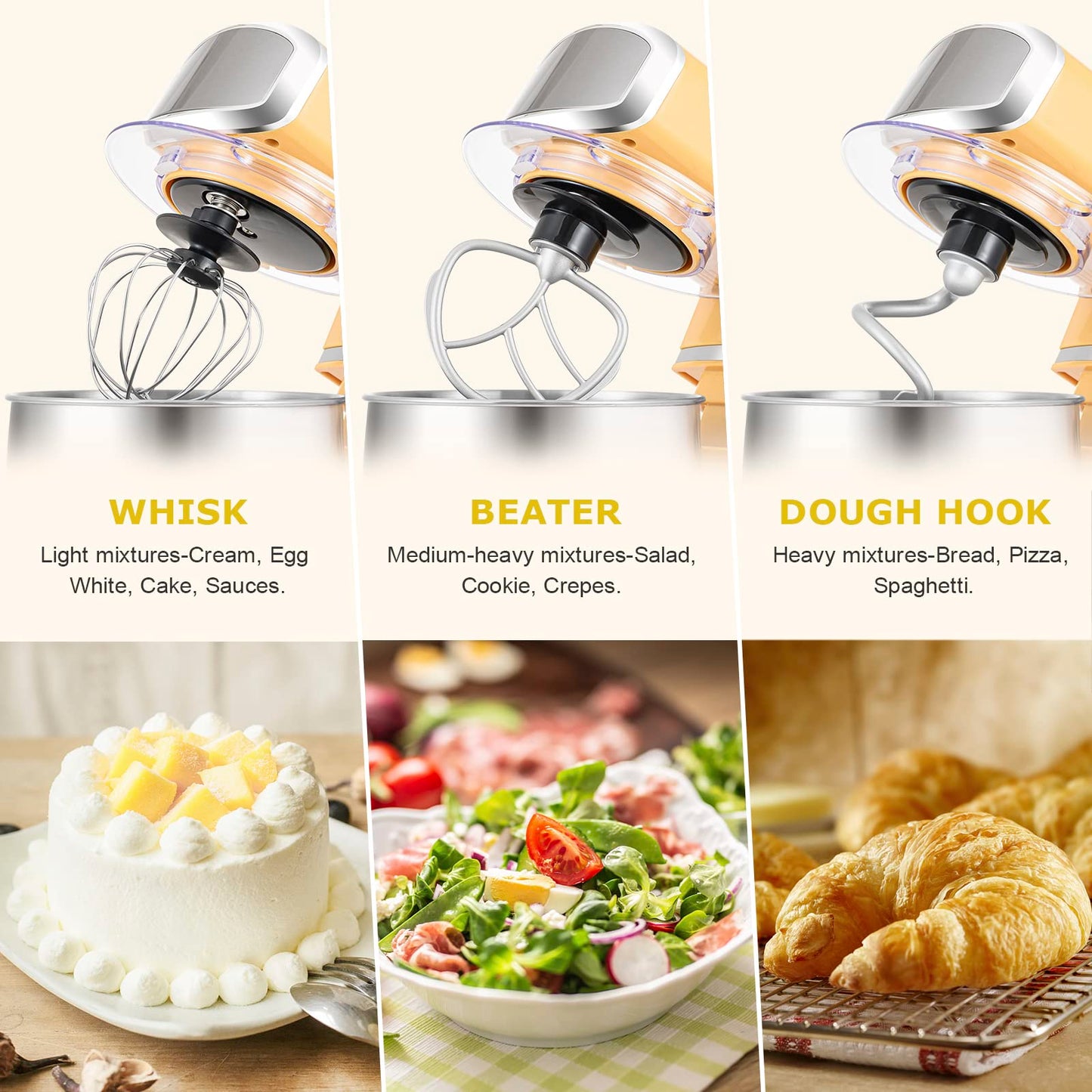 Kitchen in the box Stand Mixer,3.2Qt Small Electric Food Mixer,6 Speeds Portable Lightweight Kitchen Mixer for Daily Use with Egg Whisk,Dough Hook,Flat Beater (Yellow)