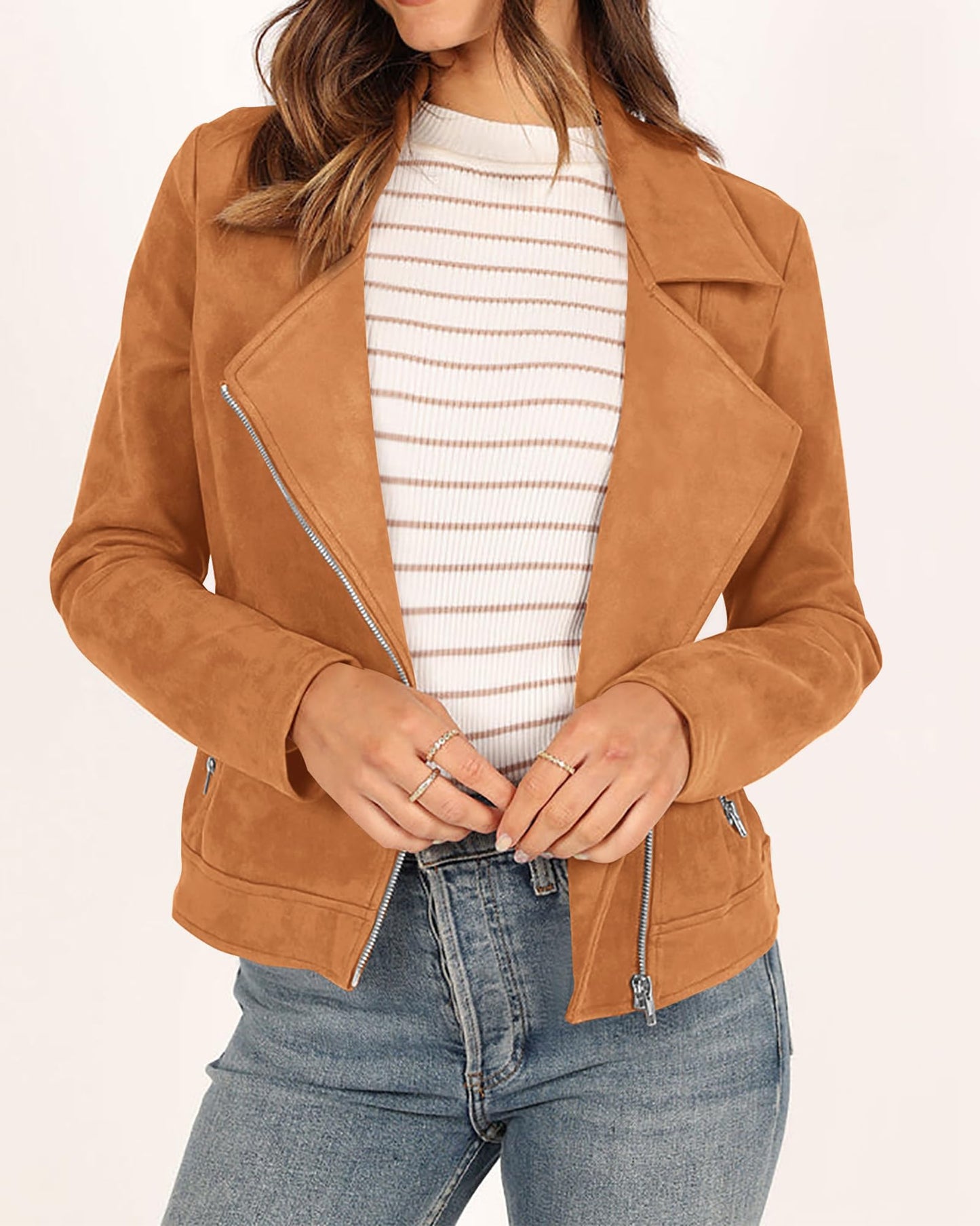 ***KIRUNDO 2024 Fall Trends Women's Casual Open Front Faux Suede Motorcycle Jackets Solid Zipped Notch Lapel Short Coats(Brown, XX-Large)