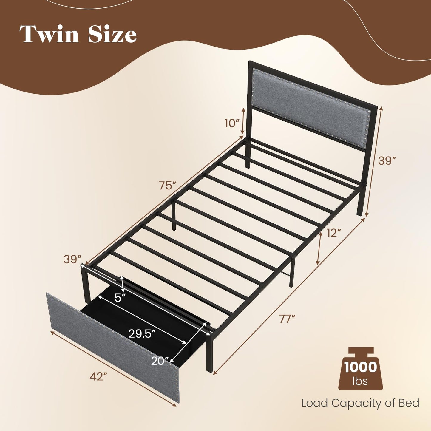 Giantex Twin Bed Frame with LED Lights and Storage Drawer, Upholstered LED Bed with Linen Fabric Headboard, Metal Slats Support, No Box Spring Needed,