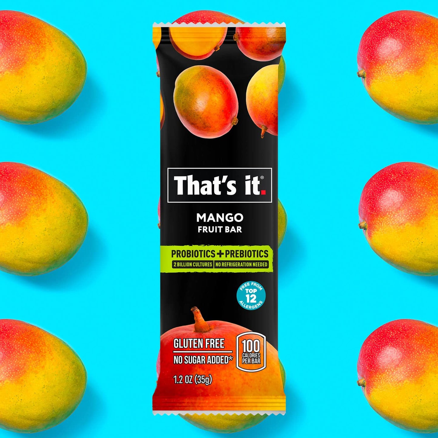 That's it. Probiotic Fruit Bar Variety Pack, Mango & Blueberry Flavors, Just Real Fruit + Probiotics, 100 Calories Per Bar, All Natural, 2-3 Ingredients, Shelf Stable, Allergy-Friendly (12 Count)