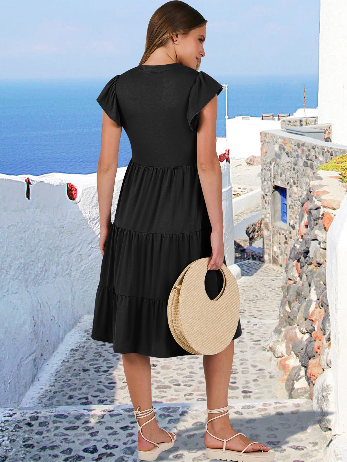 ANRABESS Vestido midi de verano para mujer con cuello en V y mangas con volantes 2024, vestido informal holgado con capas para vacaciones en la playa estilo bohemio, negro-L