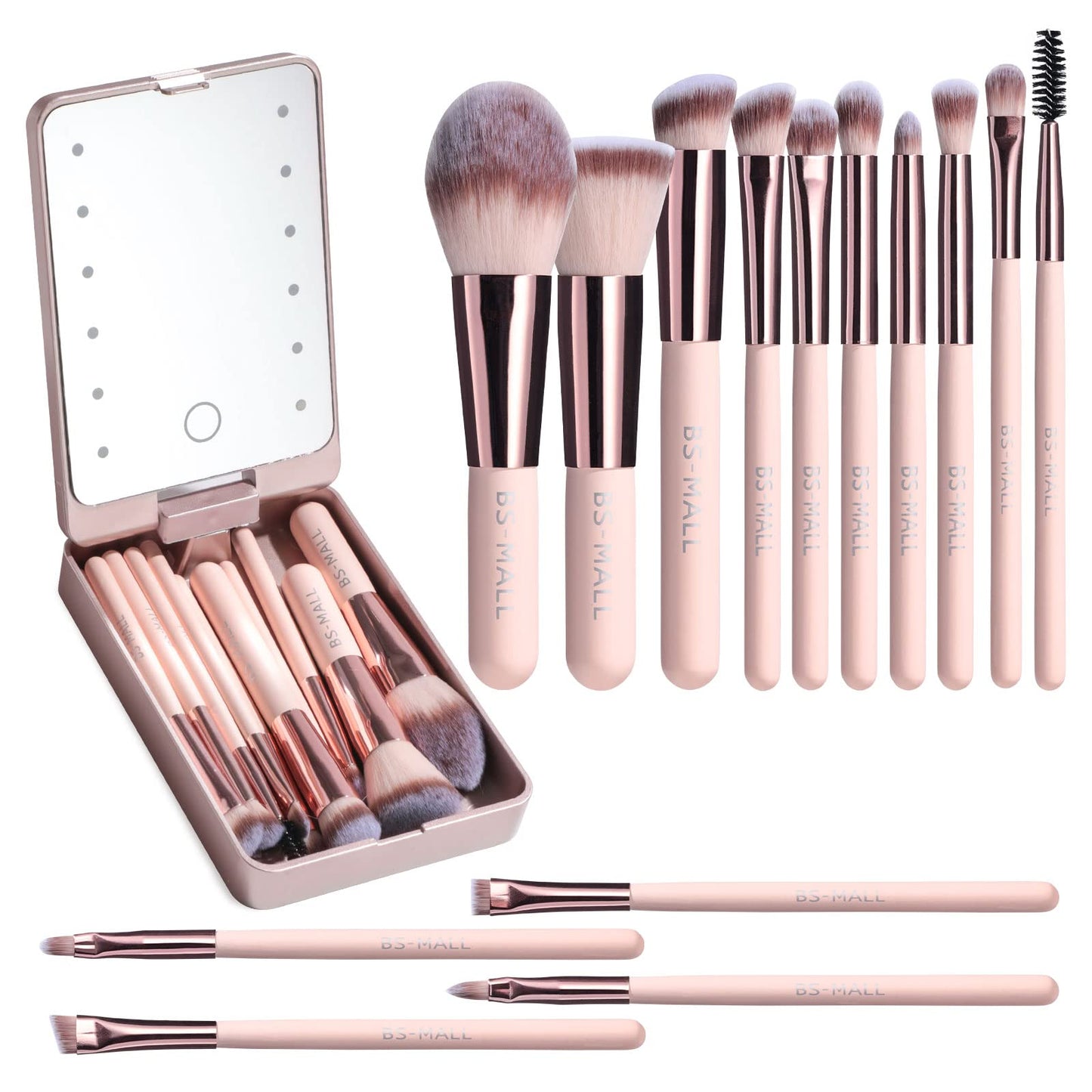 BS-MALL - Juego de brochas de maquillaje de viaje, base, polvos, correctores, sombras de ojos, juego de maquillaje con espejo con luz LED, 14 minibrochas de maquillaje (APINK)…