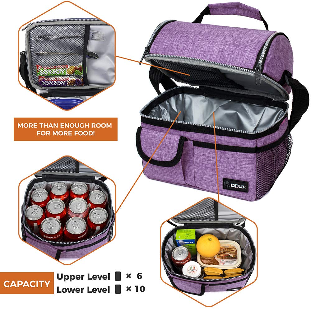 opux Lunch Bag Women Insulated, Adult Lunch Box Cooler, Lunch Box for Men, Dual Compartment Lunchbox for Work, Leakproof Double Decker Lunch Bag, Soft Lunch Pail Tote Girls Boys Kids School, Purple