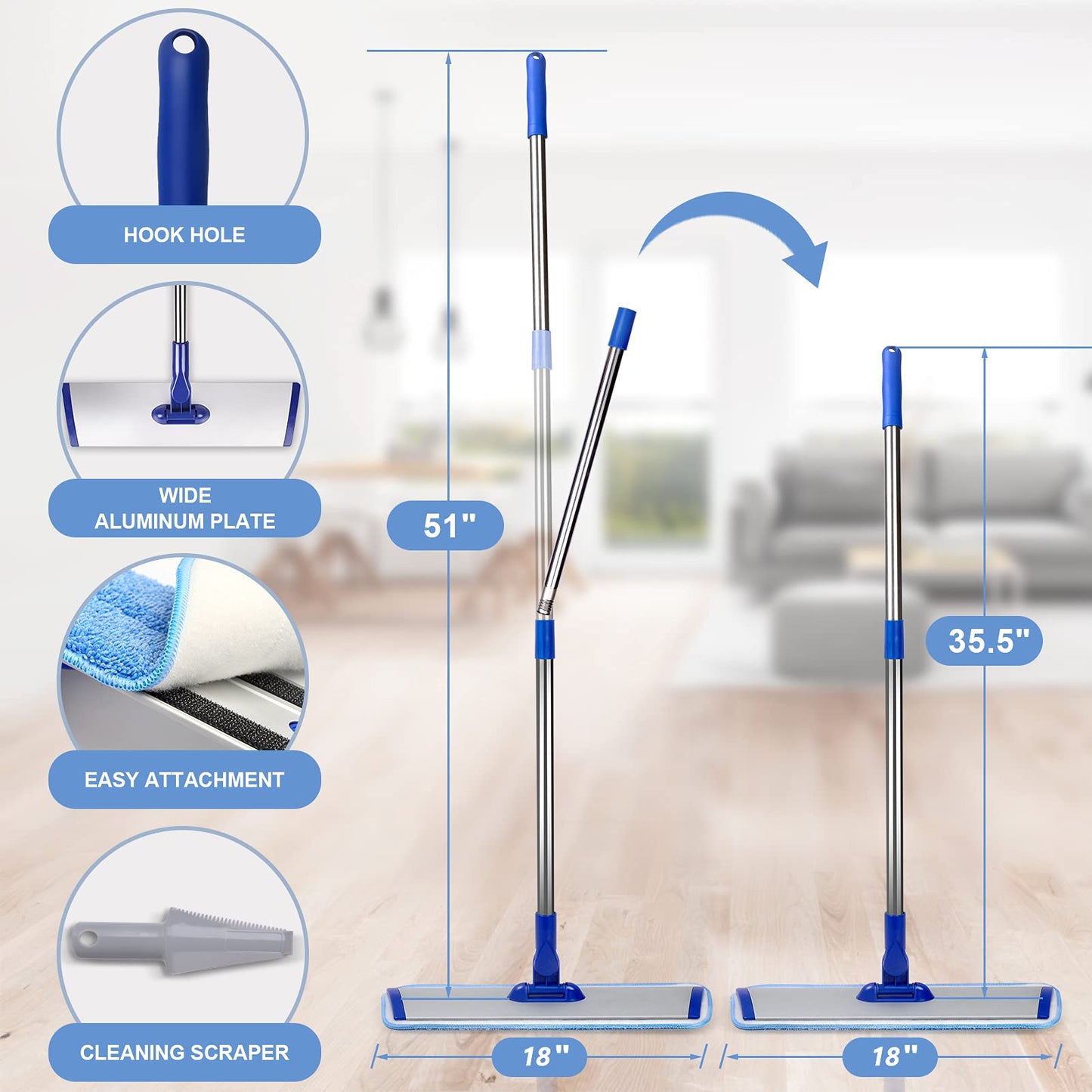 18" Professional Microfiber Mop Floor Cleaning System, 4 Reusable Washable Mop Pads, Wet and Dust Mopping for Hardwood, Vinyl, Laminate, Tile Cleaning