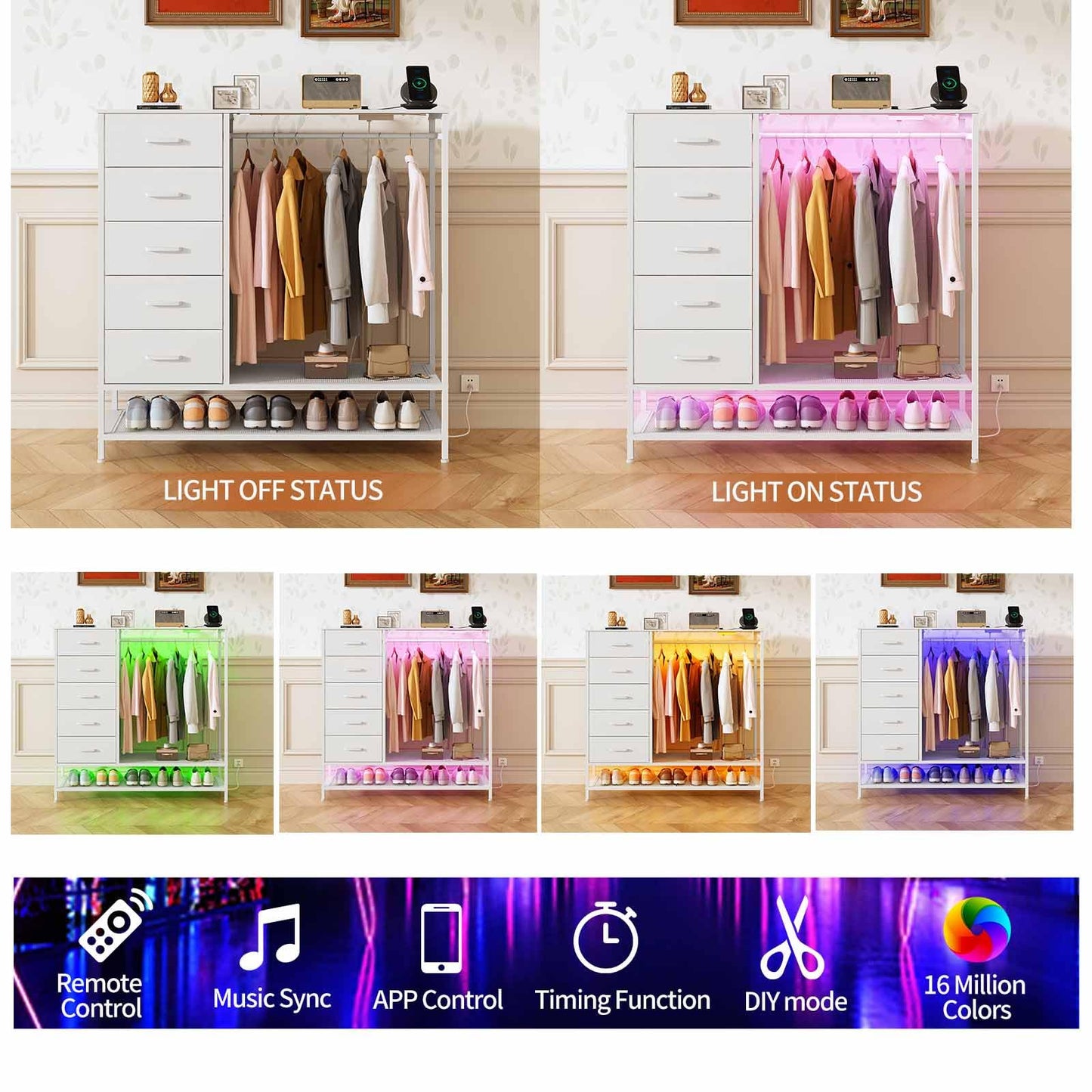 Dresser for Bedroom, Dresser with Hanging Rack Led Lights and Charging Station