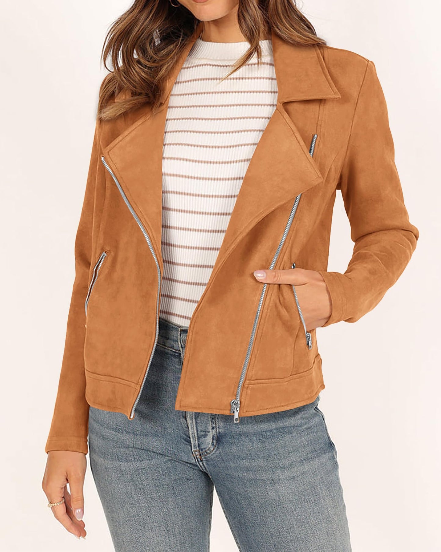 ***KIRUNDO 2024 Fall Trends Women's Casual Open Front Faux Suede Motorcycle Jackets Solid Zipped Notch Lapel Short Coats(Brown, XX-Large)