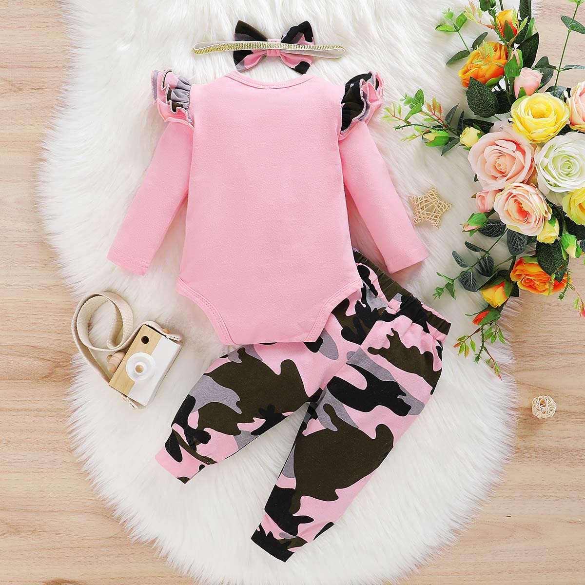 Ropa para niña recién nacida de Aoswep, conjunto de mameluco con volantes de manga larga + pantalones florales + conjunto de diadema (rosa, 0 a 3 meses)