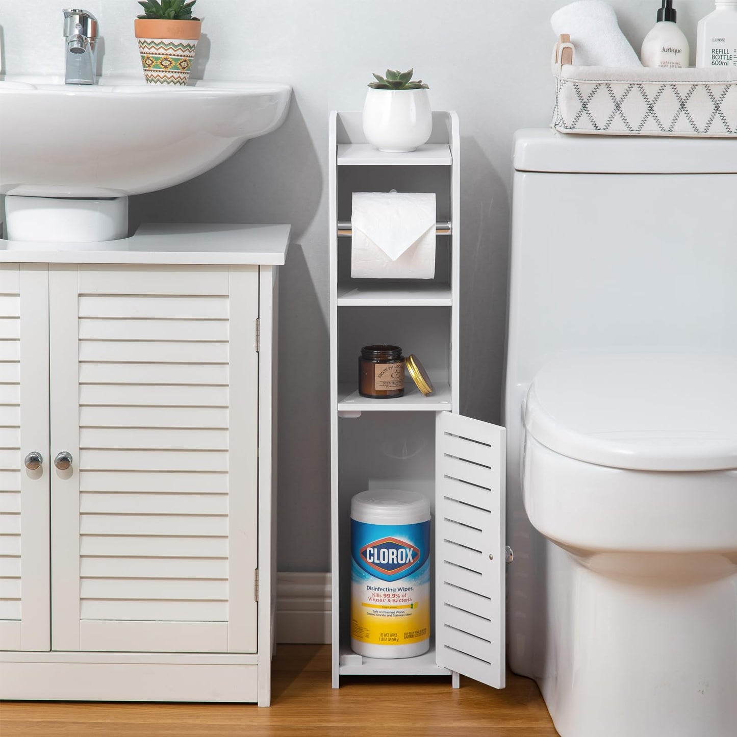 Soporte para papel higiénico: mueble de almacenamiento para baño junto al inodoro para espacios pequeños con soporte para rollo de papel higiénico - Blanco de AOJEZOR by AOJEZOR