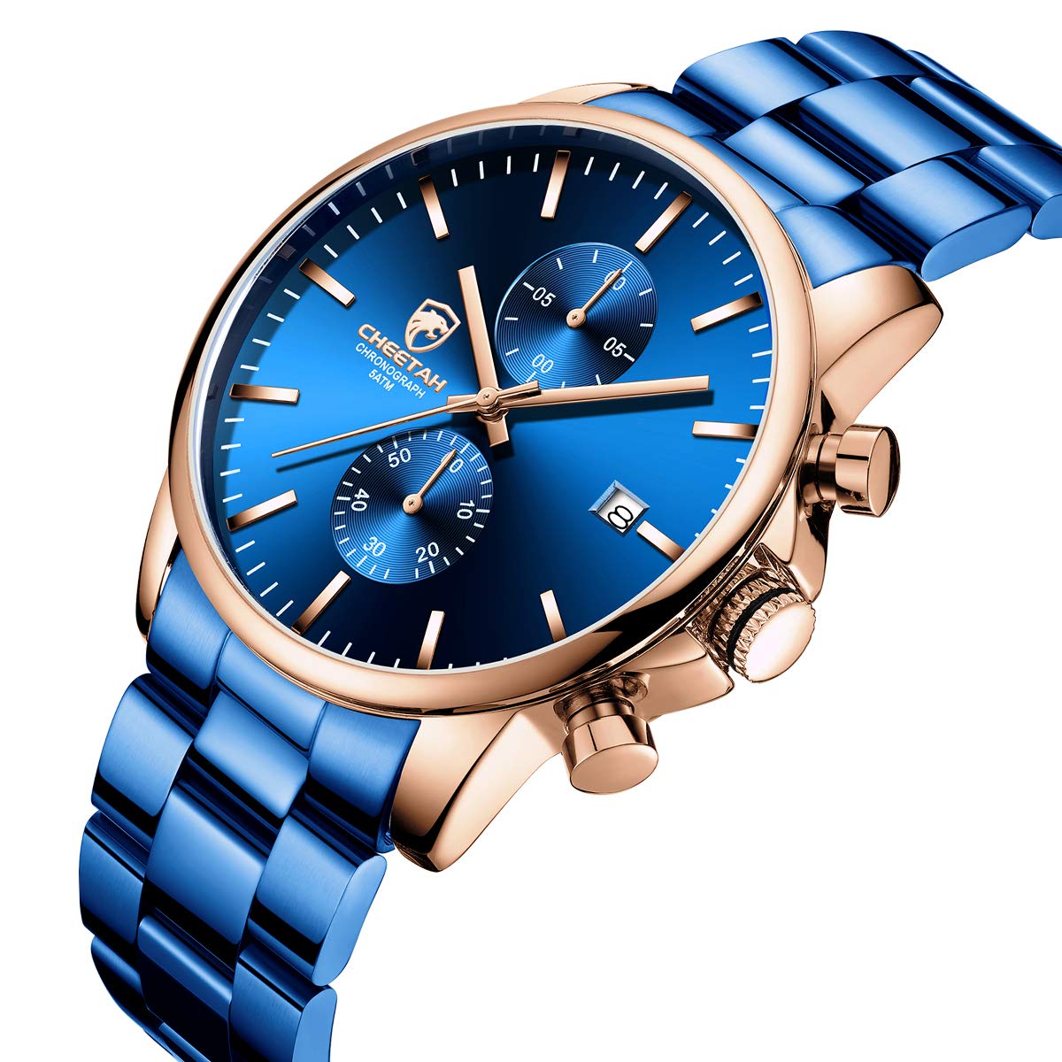 Relojes GOLDEN HOUR para hombre con cronógrafo de cuarzo resistente al agua, informal, de acero inoxidable y metal con revestimiento azul, fecha automática y agujas de oro rosa