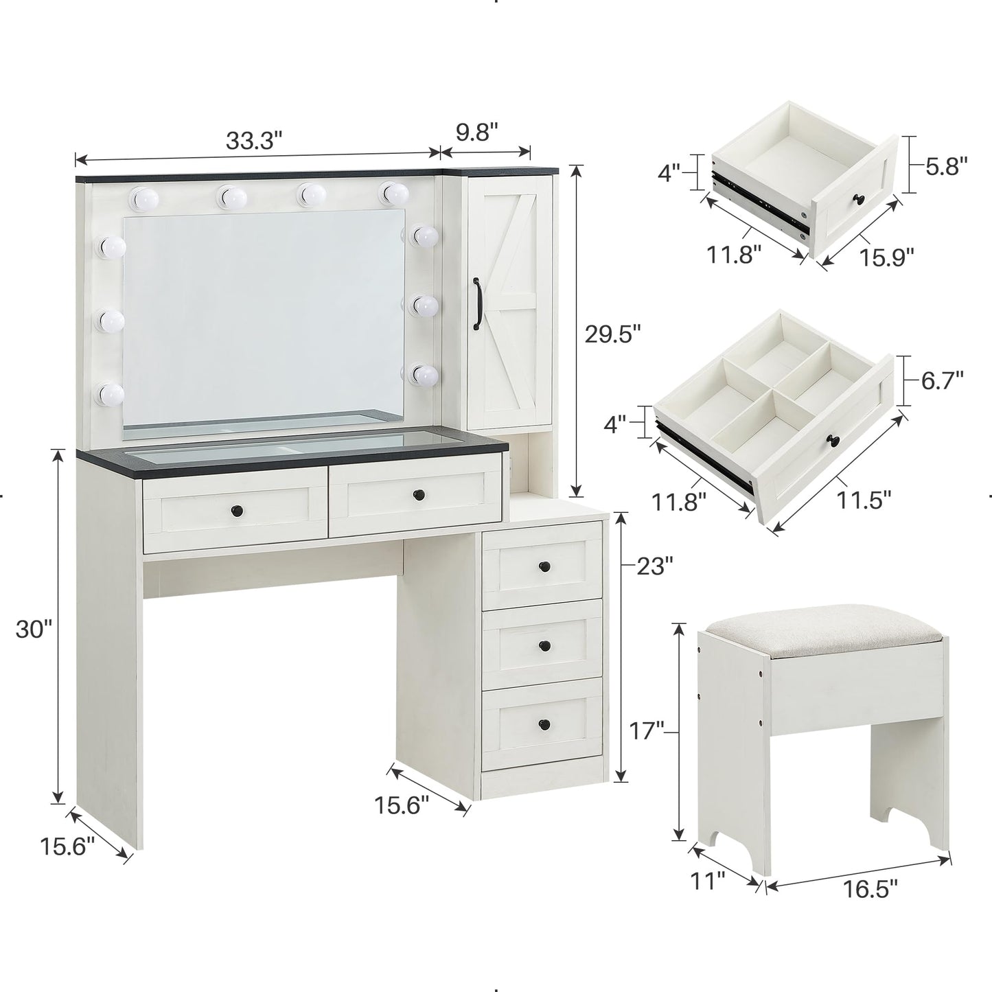 JXQTLINGMU Farmhouse Vanity Makeup Desk with Charging Station, 43" W Vanity Desk with Lights Mirror and Drawers for Makeup, Big Modern Vanity