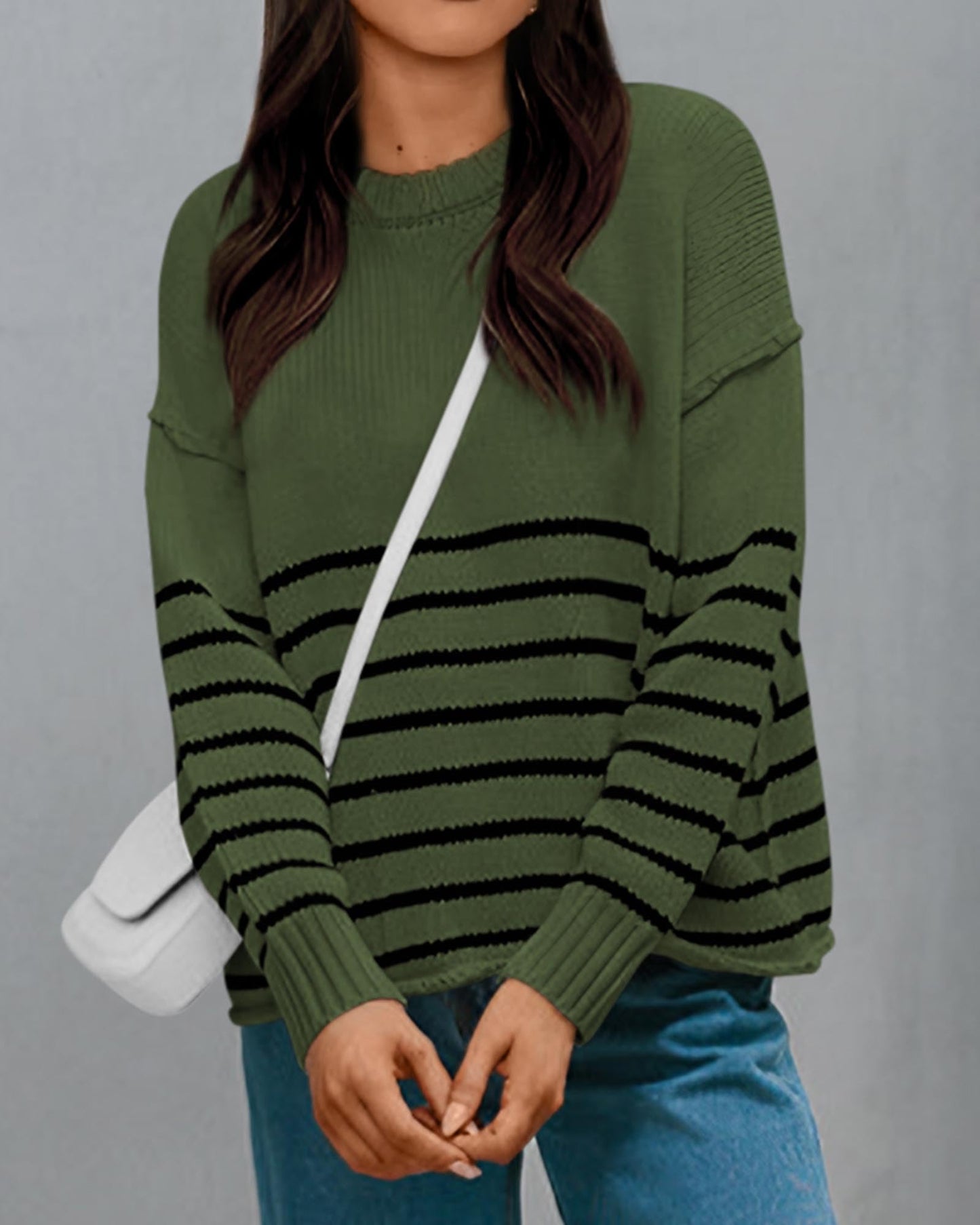 ***KIRUNDO Womens Fall Fashion Striped Sweater Casual Drop Shoulder Long Sleeve Crewneck Loose Knit Pullover Winter Tops(Army Green, X-Large)