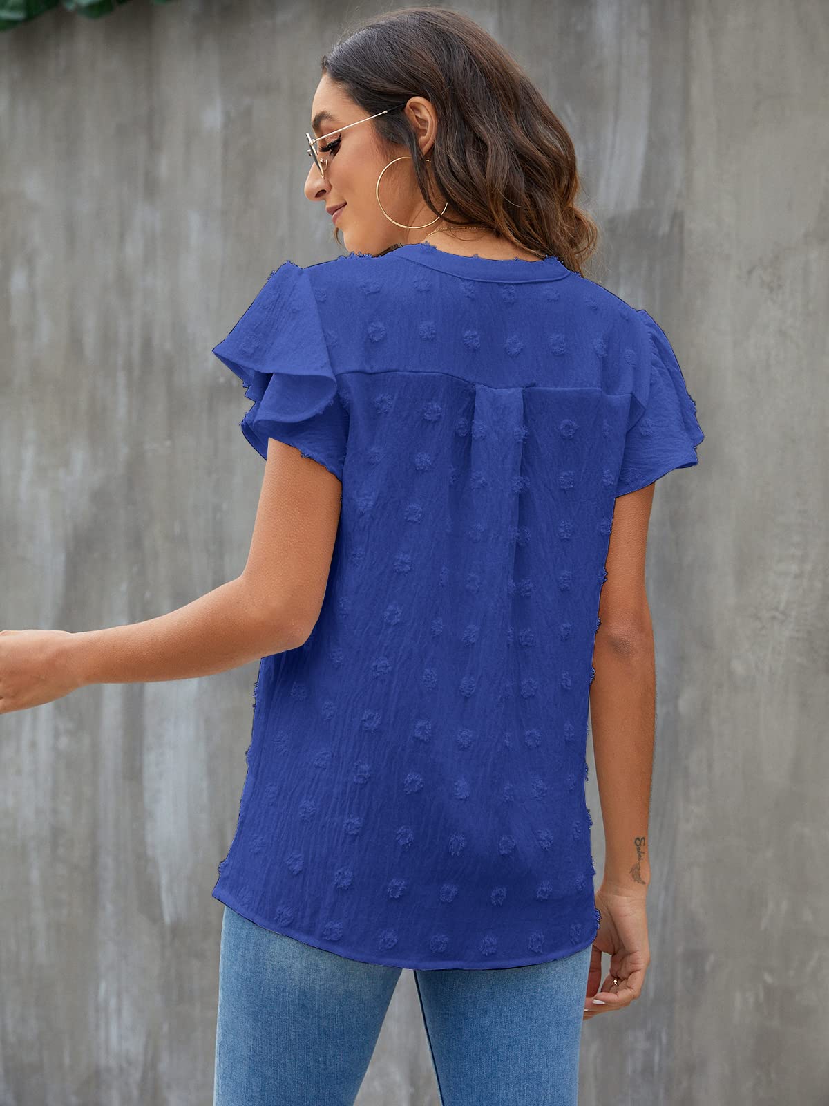 Blusa blanca con escote en V y mangas con volantes para mujer de Blooming Jelly, blusas elegantes e informales para verano (talla mediana, azul real)