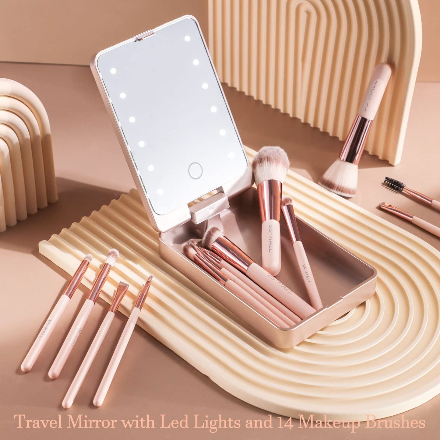 BS-MALL - Juego de brochas de maquillaje de viaje, base, polvos, correctores, sombras de ojos, juego de maquillaje con espejo con luz LED, 14 minibrochas de maquillaje (APINK)…