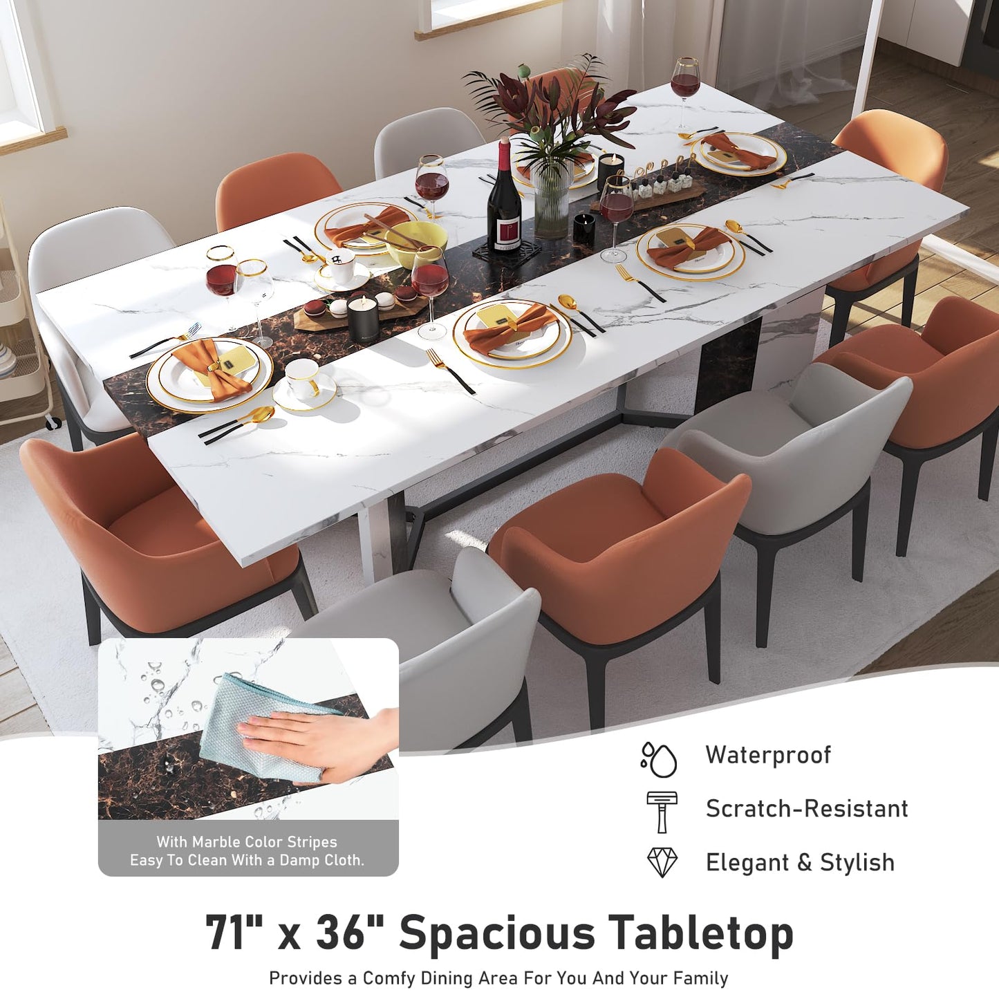 Hlivelood 71In Large Rectangular White Dining Table for 4 5 6 7 8 People w/35 Marble-Color Wood Watrproof Tabletop,Adjustable Leg.6ft Luxurious Family Dinner Table for Office Kitchen Living Room