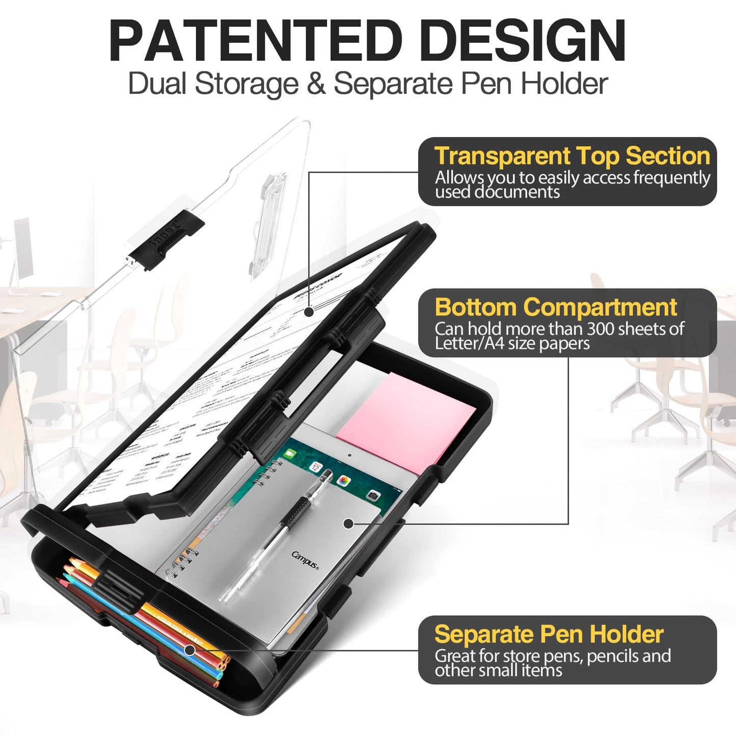 Portapapeles original Sooez con 2 compartimentos y portalápices, portapapeles resistente de 8,5 x 11 con doble compartimento, portapapeles de borrado en seco Clearview Coach con bisagra real, alta capacidad, material escolar y de oficina
