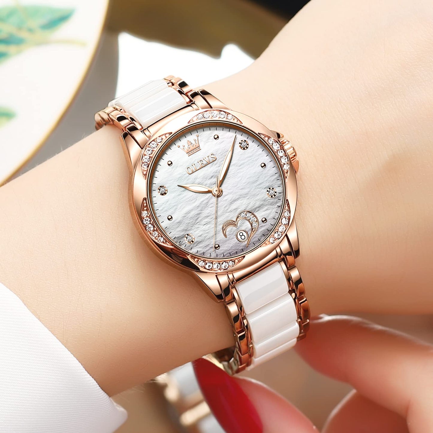 Reloj automático OLEVS de cuerda automática para mujer, de acero inoxidable, oro rosa, cerámica, esfera grande, corazón blanco, diamantes, nácar, resistente al agua, fecha, reloj para mujer en dos tonos