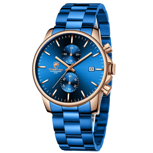 Relojes GOLDEN HOUR para hombre con cronógrafo de cuarzo resistente al agua, informal, de acero inoxidable y metal con revestimiento azul, fecha automática y agujas de oro rosa