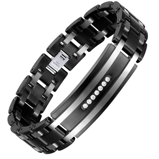 ZIALLALY Men's Link Bracelet Two Tone Diamond Hip Hop Jewelry Gift Ladies Lady Birthday Christmas Jewelry Gift Husband Boyfriend Son (Silver black)