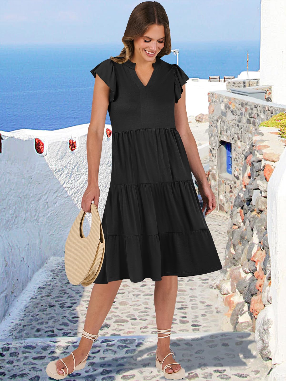 ANRABESS Vestido midi de verano para mujer con cuello en V y mangas con volantes 2024, vestido informal holgado con capas para vacaciones en la playa estilo bohemio, negro-L