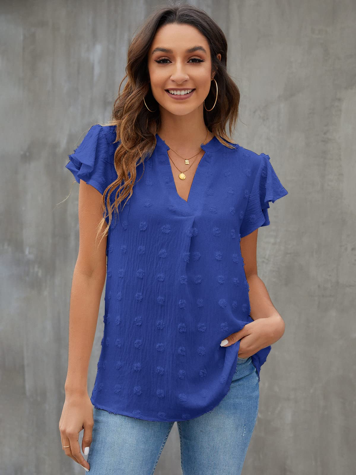 Blusa blanca con escote en V y mangas con volantes para mujer de Blooming Jelly, blusas elegantes e informales para verano (talla mediana, azul real)