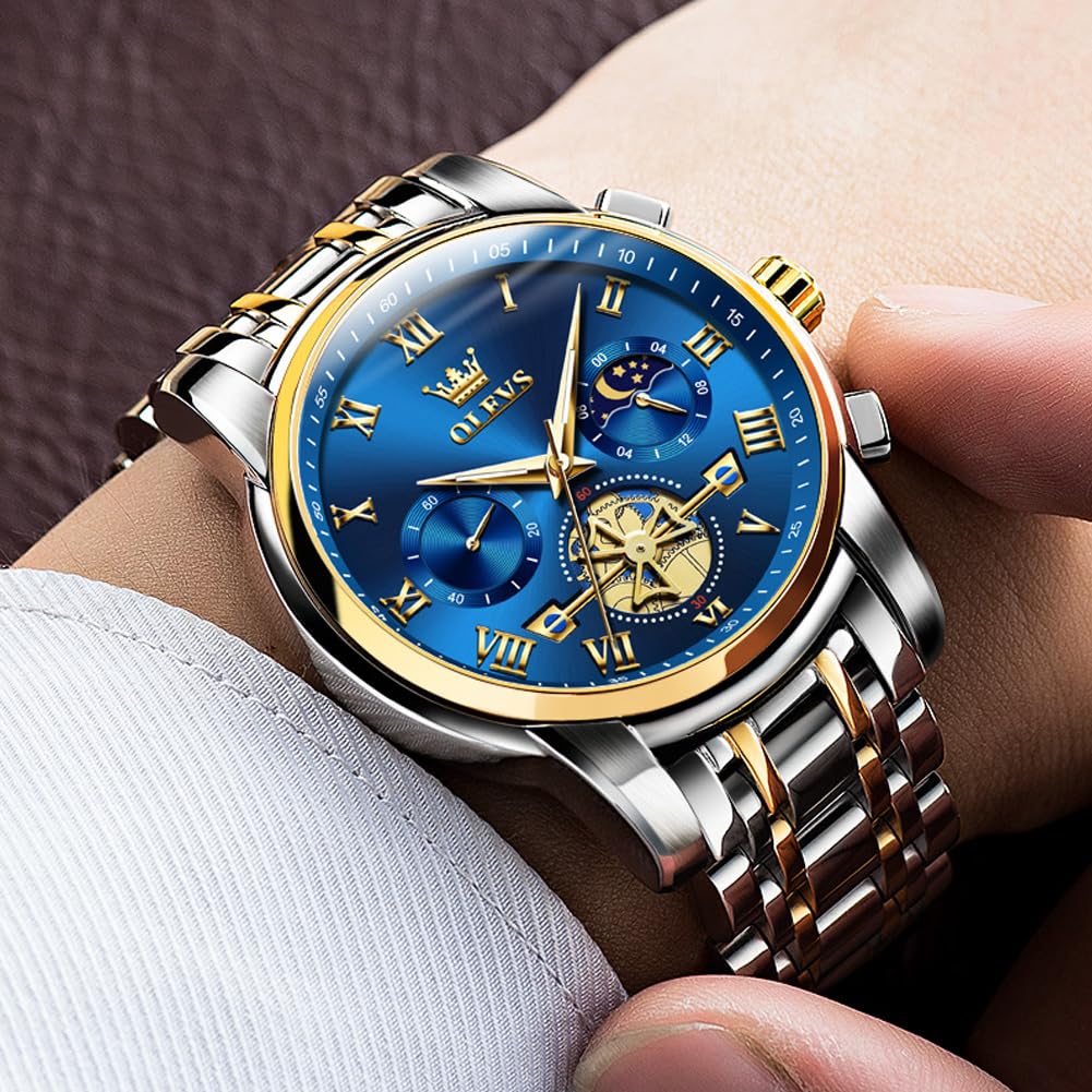 Gold and Blue Mens Watch Chronograph Two Tone Luxury Stainless Steel Multi-Function Big Face Watches for Men Tourbillon Waterproof Dress Quartz Analog Men's Wrist Watch Reloj De Hombre