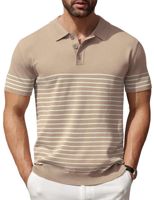 COOFANDY - Polos de manga corta para hombre, estilo vintage, de punto, informales, con botones, para golf, color caqui, talla XL