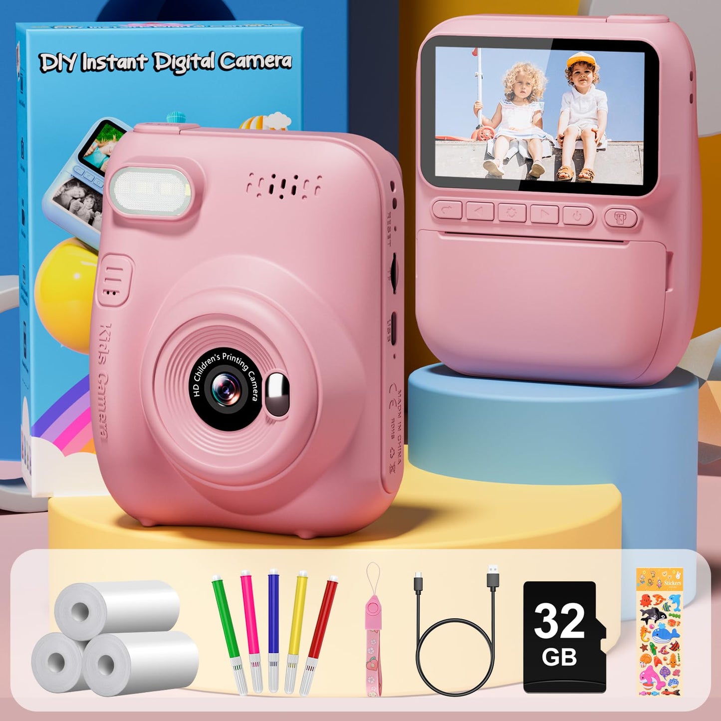 ***Instant Print Camera for Kids, 3.0" HD 32MP Kids Camera 1080P Digital Camera with 3 Rolls of Printer Paper, Toddler Camera Birthday Gifts Toy for 3-12 Year Old Girls Boys with 32GB SD Card-Pink