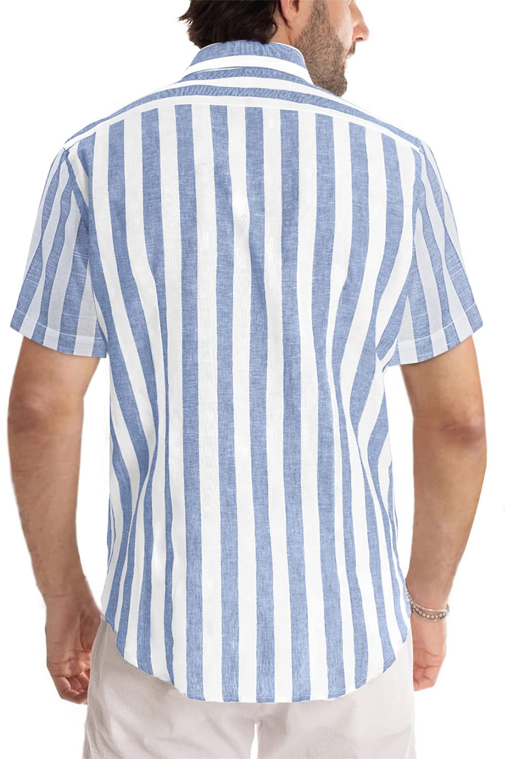 JMIERR Camisas de manga corta con botones para hombre, informales, elegantes, de verano, de algodón y lino, con rayas verticales, para vestir en la playa, para uso en el resort, L, azul cielo