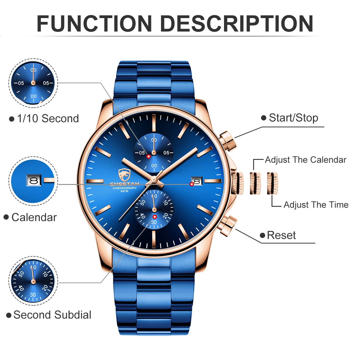 Relojes GOLDEN HOUR para hombre con cronógrafo de cuarzo resistente al agua, informal, de acero inoxidable y metal con revestimiento azul, fecha automática y agujas de oro rosa