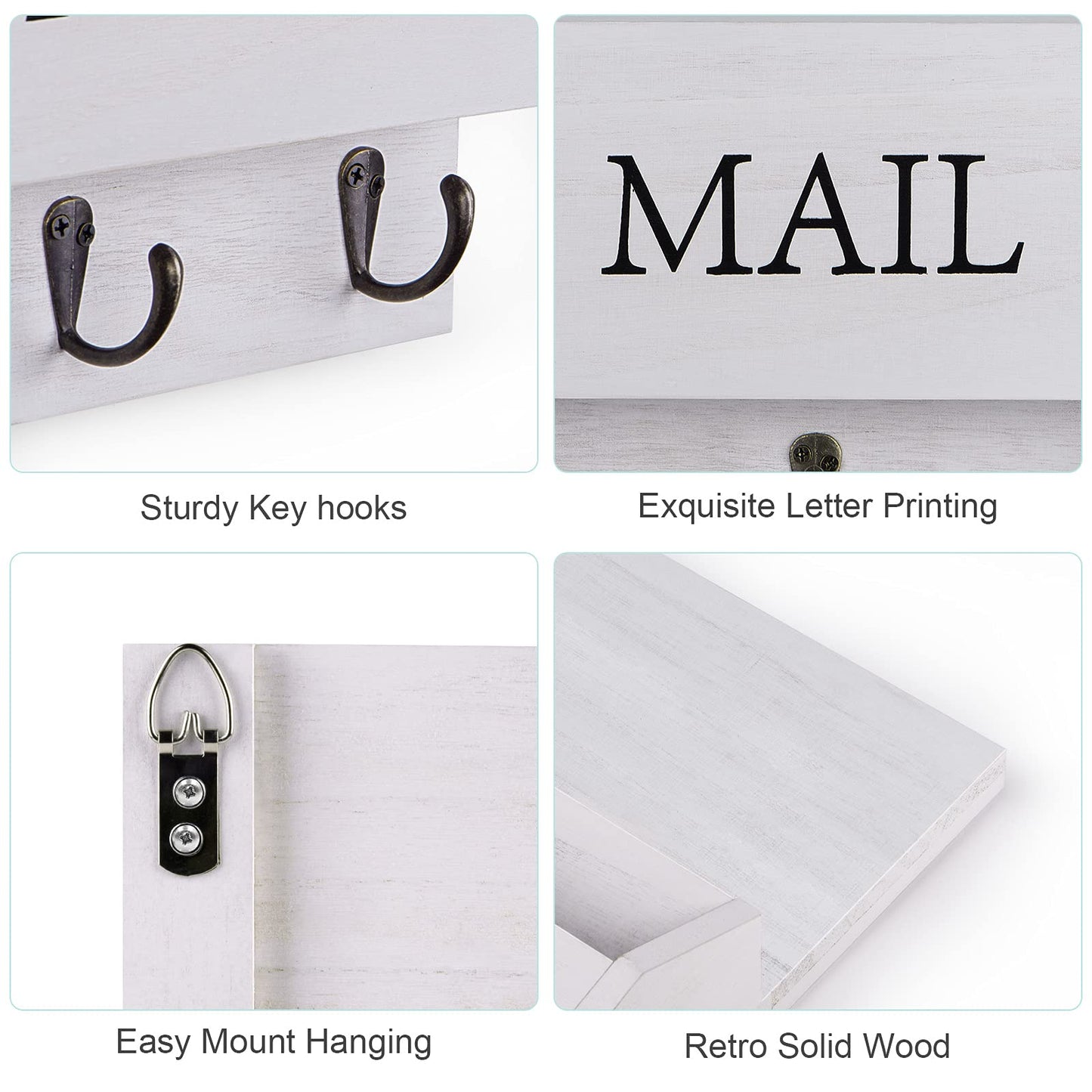 DLQuarts Mail Organizer with Key Holder for Wall Decorative Mail Sorter Wall Mounted, Wooden Mail Holder with 3 Hooks, White