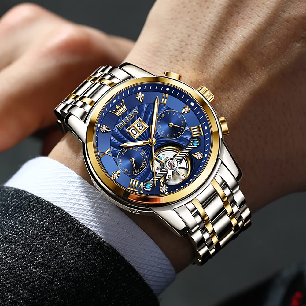 OLEVS Men Automatic Watch Skeleton 5 Hands Mechanical Blue Classic Luxury Multi Calendar Stainless Steel Waterproof Wrist for