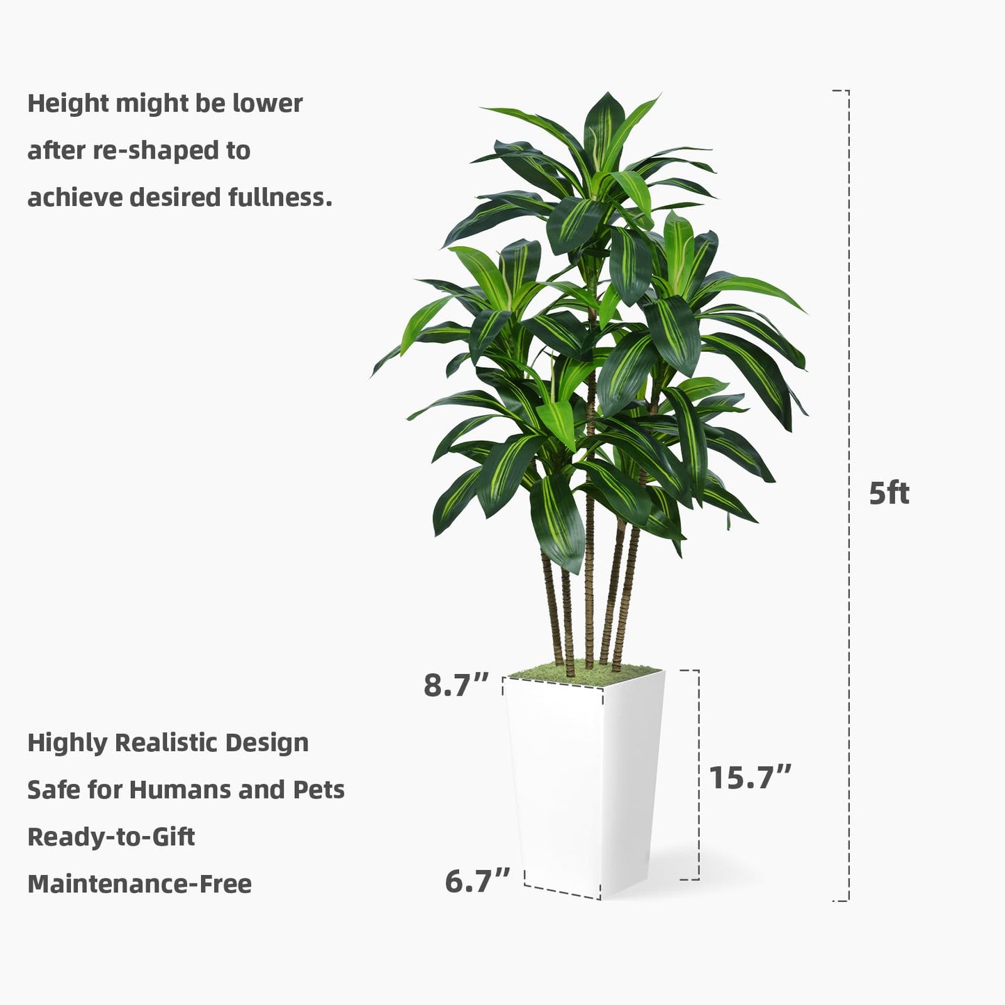 Árbol de dracaena artificial ASTIDY de 5 pies, árbol de imitación con maceta alta blanca, planta de yuca tropical falsa en maceta, árbol de seda artificial para decoración del hogar, la oficina, la sala de estar y el interior