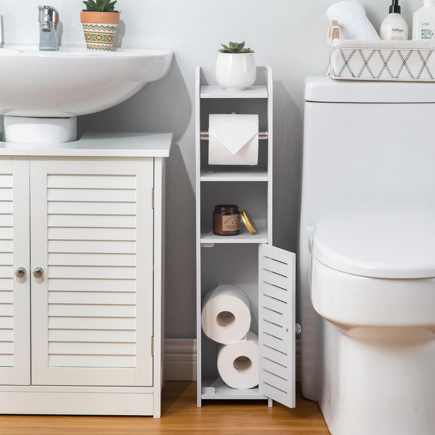 Soporte para papel higiénico: mueble de almacenamiento para baño junto al inodoro para espacios pequeños con soporte para rollo de papel higiénico - Blanco de AOJEZOR by AOJEZOR