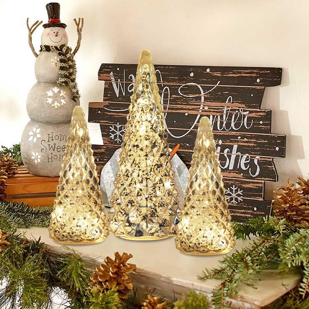 Christmas Decorations Indoor, YEAHOME Set of 3 Pre-lit Gold Glass Christmas Tree for Home Decor, Christmas Table Decorations Lighted Xmas Tree with Timer for Living Room Mantel Tabletop Party