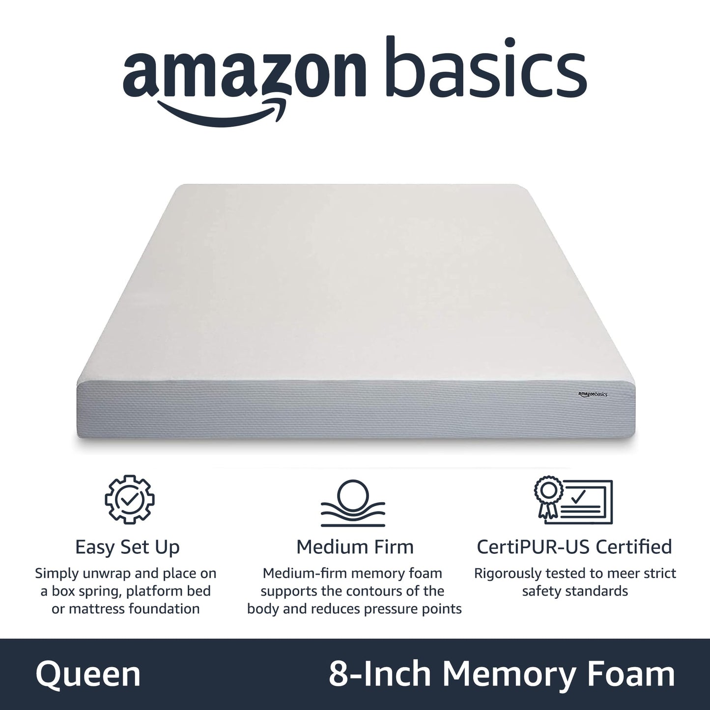 Amazon Basics Memory Foam Mattress, Medium Firm, 8 Inch, Queen, White/Grey