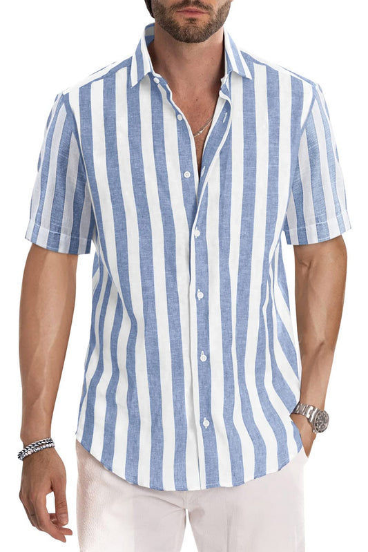 JMIERR Camisas de manga corta con botones para hombre, informales, elegantes, de verano, de algodón y lino, con rayas verticales, para vestir en la playa, para uso en el resort, L, azul cielo