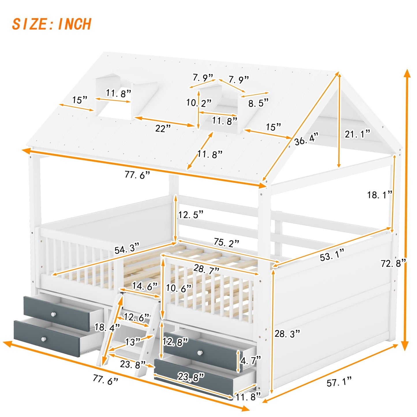 Merax Montessori House Bed Frame with Roof and Windows for Boys Girls Teens, Full Size Kids Playhouse Bed with Guardrails and Storage Drawers for Children's Room, Bedroom, Wood Slats Support, White