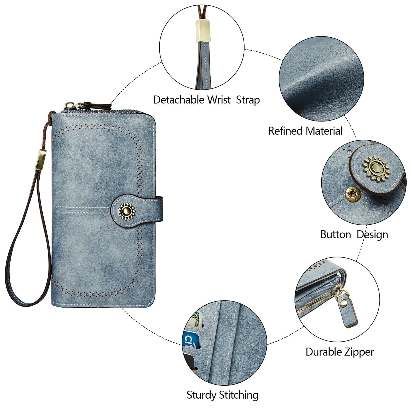 Cartera TFKGS para mujer, con bloqueo RFID, de cuero, de gran capacidad, tarjetero, para teléfono, bolso de mano, de viaje, largo, color azul