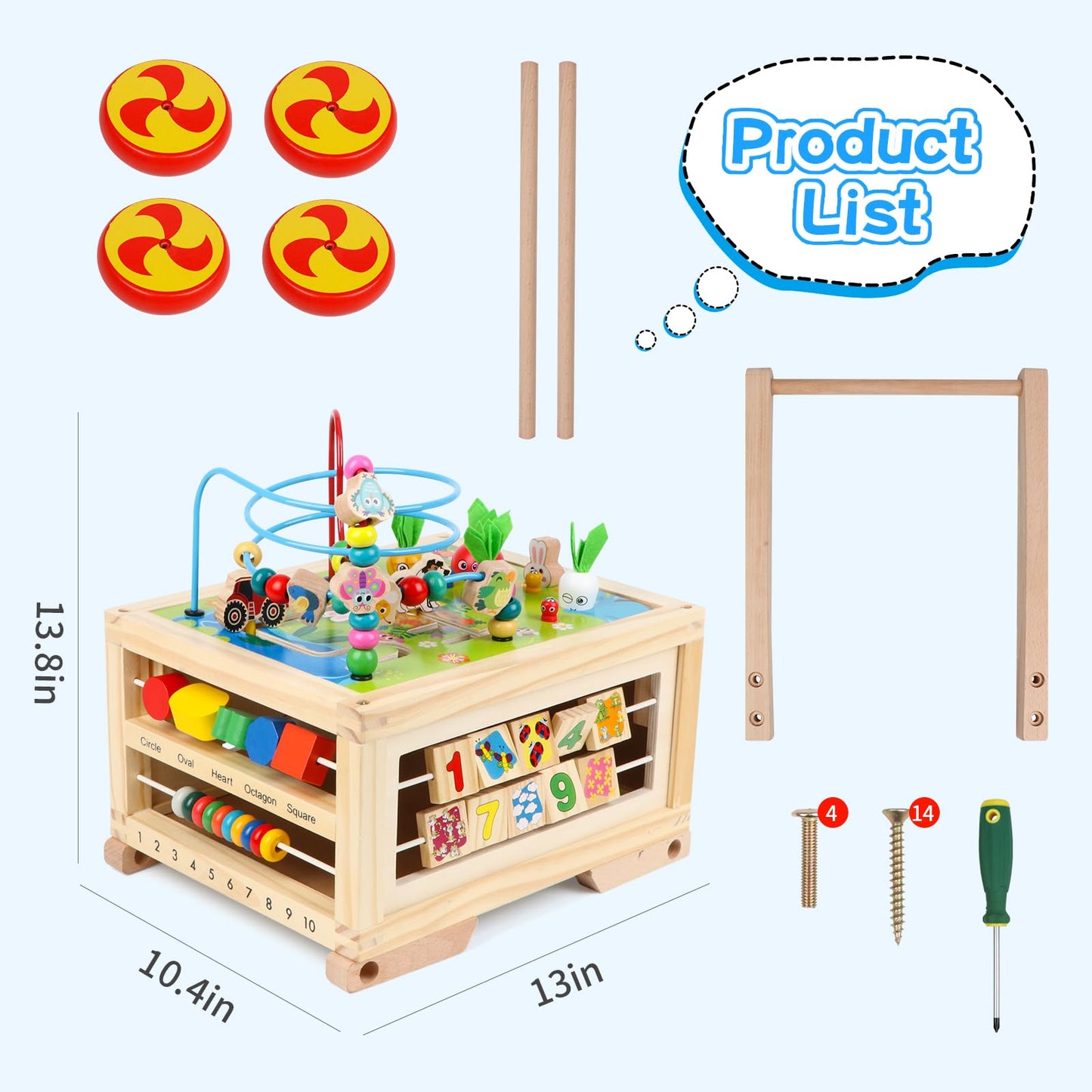 Wooden Activity Cube 7-in-1 Montessori Toy Multipurpose Educational Learning Toy for 1+ Year Old Baby Toddler Kid Boy First Birthday Gift Bead Maze Gear Number Animal Board Carrots Harvest Game