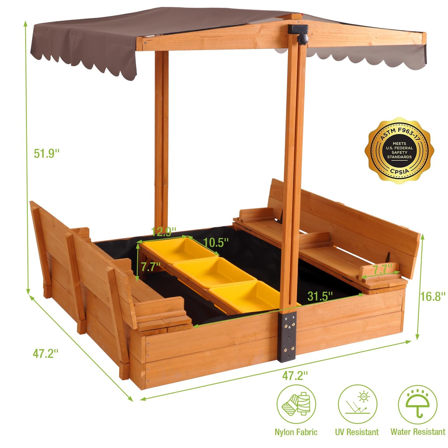 GUTINNEEN Wooden Sandbox Backyard Sand Box with Cover, Outdoor Sandbox for Kids with 3 Toy Bins